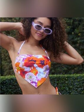 NWT Aerie Bandana Bandeau Halter Bikini Top in Orange Floral - Size S